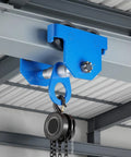 Heavy-Duty Manual Trolley For I-Beams, 3 Ton Load Capacity, Dual-Wheel Runner on metal beam in warehouse setting