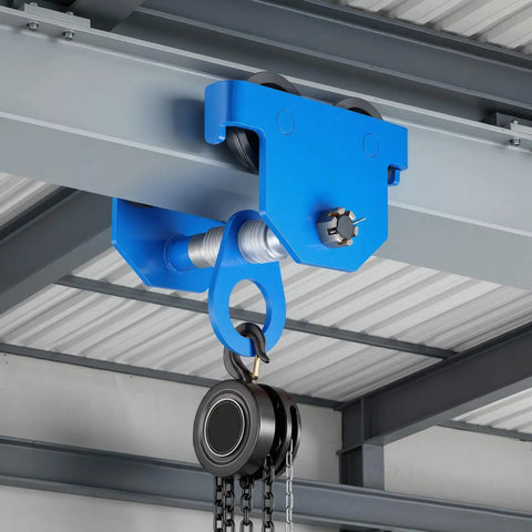 Heavy-Duty Manual Trolley For I-Beams, 3 Ton Load Capacity, Dual-Wheel Runner on metal beam in warehouse setting
