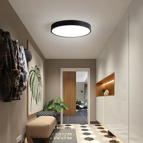 Sleek Black Flush Mount LED Ceiling Light Fixture 19.6 Inch 39W Modern Ceiling Lamp in a contemporary hallway setting