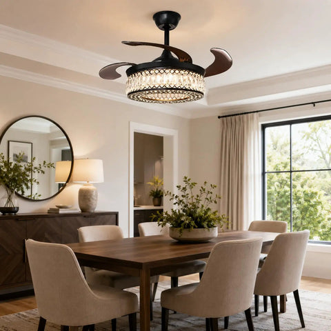 efperfect 42 Inch Black Crystal Fandelier Ceiling Fan with Light and Remote in stylish dining room setting.