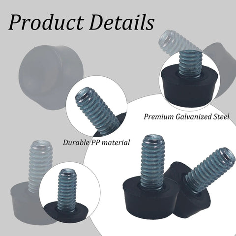 24 Piece M8 Thread Adjustable Furniture Levelers Set, galvanized steel screw-in feet details, premium PP material, black finish