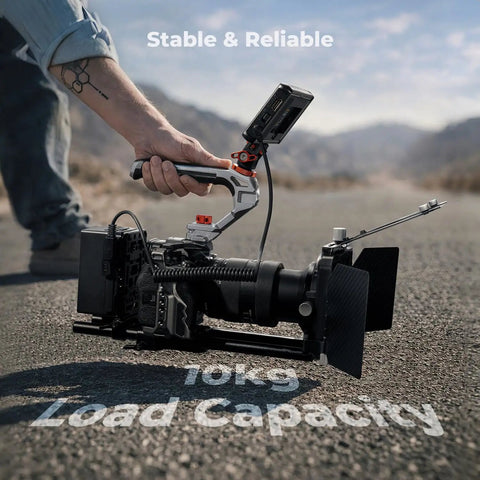Person holding Dual Mount Camera Top Handle With NATO Clamp And ARRI Locating Pins, Replaceable Silicone Pad on camera rig outdoors