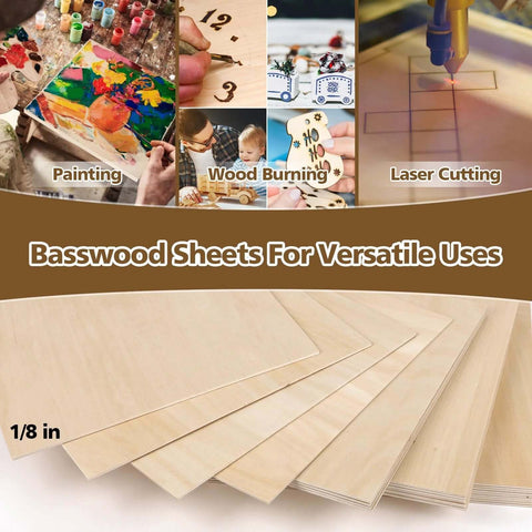 Basswood sheets, 1/8 in thick, 12 x 12 in, 24 sheets; light beige wood for laser cutting and crafts