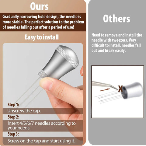 Pro Espresso Distribution Tool For Baristas With Fourteen Needles Kit, aluminum handle with stainless steel needles being assembled