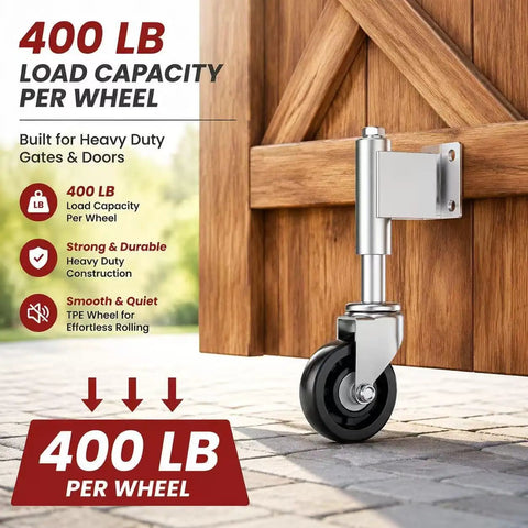 Rock Solid Five Inch Spring Loaded Gate Wheel Caster For Outdoor Timber And Steel Fences Roll Like Butter Heavy Duty Rig Built Tough For Farms And Driveways Two Pack Hardware Upgrade on gate with 400 lb load capacity.