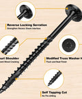 Close-up view of Size 14 x 3 Inch Wood Structural Lag Screws, 54 Pack, showcasing features like reverse serration and truss washer head.