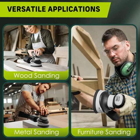 Three people using Beefy 3.0A 360W Random Orbital Sander Kit for wood, metal, and furniture sanding applications.