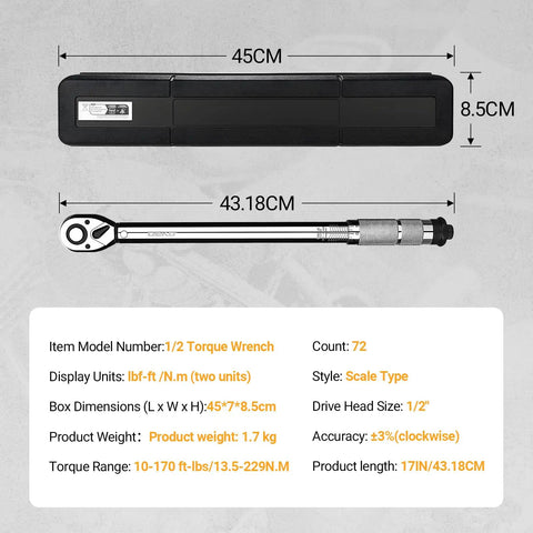 One-Half Inch Drive Torque Wrench Dual-Direction 72-Tooth With 10-170 Ft-Lb Range dimensions and specifications
