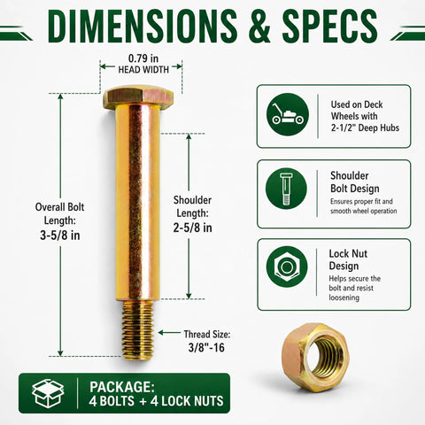Dimensions and specs of Quick Fix No Sweat Heavy Duty Deck Wheel Shoulder Bolts With Lock Nuts Solid Lawn Mower Repair.