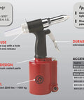 Air Rivet Gun For DIY And Pros, 2200 Lb Pulling Force, 3/16 Inch Max Rivet Size, details include aluminum parts and accessory list