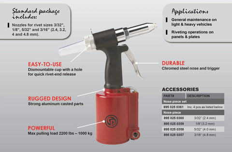 Air Rivet Gun For DIY And Pros, 2200 Lb Pulling Force, 3/16 Inch Max Rivet Size, details include aluminum parts and accessory list