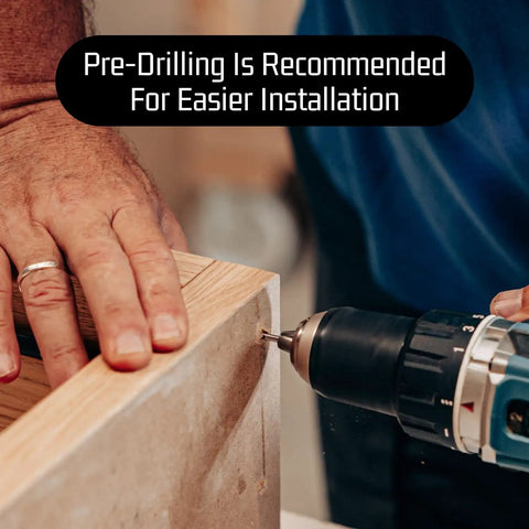 Pre-drilling wood for installation of Hardcore Durability Size 8 By 1-1/4 Inch Black Xylan Coated Stainless Steel Flat Head Phillips Wood Screws.