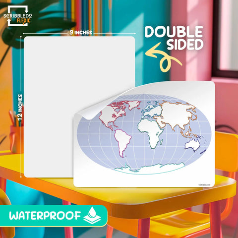 Double-sided 9x12 dry erase sheet showing world map for Continents Map Practice Sheets 9x12 Dry Erase World Globe Sheets Pack.