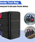 18 Inch Open Top Tool Bag with Waterproof Molded Base, 20 Pockets, and Adjustable Shoulder Strap in black and blue colors