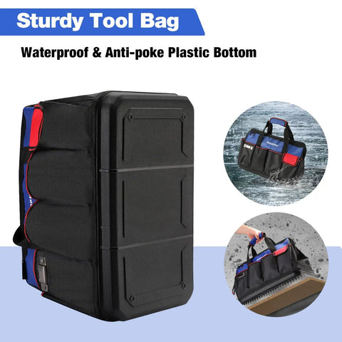 18 Inch Open Top Tool Bag with Waterproof Molded Base, 20 Pockets, and Adjustable Shoulder Strap in black and blue colors