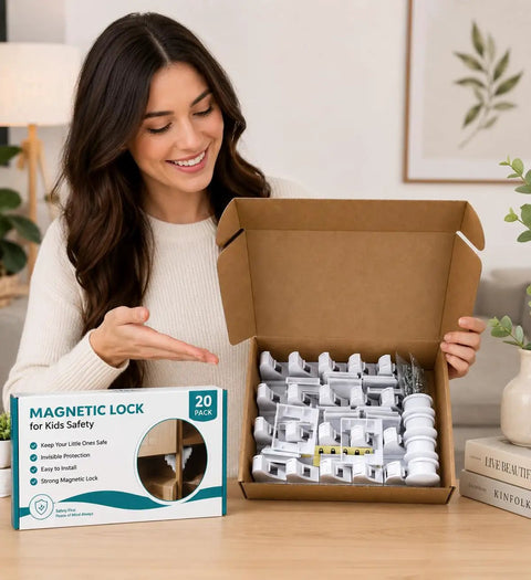 Woman demonstrating Invisible Magnetic Cabinet Locks For Child Safety, 20 Pack With 4 Keys, Kid-Proof Your Cabinets And Drawers