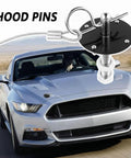 Close-up of Stainless Steel Hood Pin Lock Clip With Racing Lanyard installed on a car hood for beefed up fixing and reducing shake.