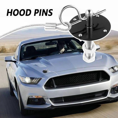 Close-up of Stainless Steel Hood Pin Lock Clip With Racing Lanyard installed on a car hood for beefed up fixing and reducing shake.