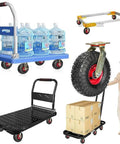 Beefed-Up Heavy Duty Caster Wheels Set With Top Plate Swivel For Industrial Carts And Workbenches, displayed with various carts and uses