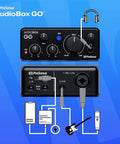 Diagram of Ultra Compact USB C 2x2 Audio Interface Bundle with inputs and connections labeled on blue background.