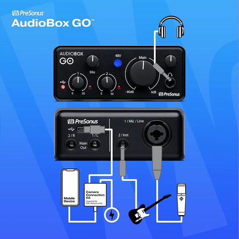 Diagram of Ultra Compact USB C 2x2 Audio Interface Bundle with inputs and connections labeled on blue background.