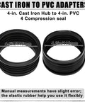 Four Inch Cast Iron Hub To PVC Adapter Sewer Pipe Repair Kit Four Pack with flexible seals and measurements shown