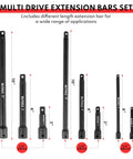 Pro Grade 18 Piece Impact Socket Extension Set with multi-length extensions for 1/4, 3/8, 1/2 inch drives.