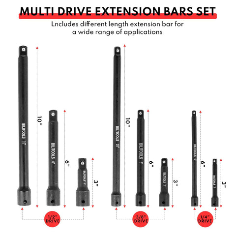 Pro Grade 18 Piece Impact Socket Extension Set with multi-length extensions for 1/4, 3/8, 1/2 inch drives.