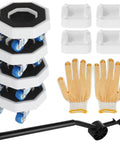 11 Piece Appliance Mover Kit With Heavy Duty Carbon Steel Pry Bar And Silent Roll Dolly Sliders For Easy Washing Machine And Refrigerator Transport Anti Slip Gloves Included Tough Gear Made In Usa including 4 dolly sliders, gloves, and pry bar.