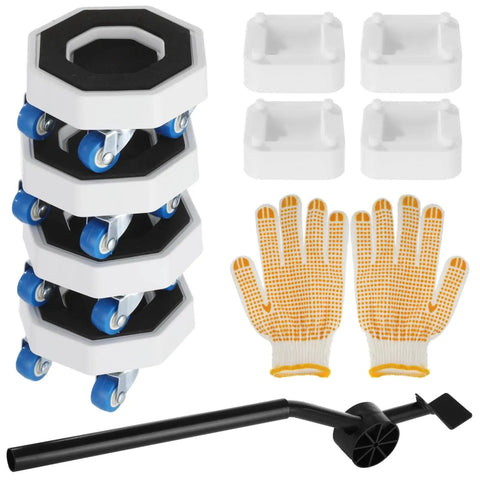 11 Piece Appliance Mover Kit With Heavy Duty Carbon Steel Pry Bar And Silent Roll Dolly Sliders For Easy Washing Machine And Refrigerator Transport Anti Slip Gloves Included Tough Gear Made In Usa including 4 dolly sliders, gloves, and pry bar.