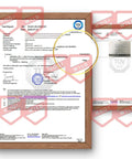 Framed product test certificate with TUV approval stamp, detailed text, and signature, showcasing compliance credentials.