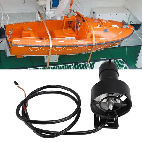 Underwater Thruster For Kayaks And RC Boats With 12 To 25.2V Brushless Motor And 11.3 Kg Thrust next to orange boat