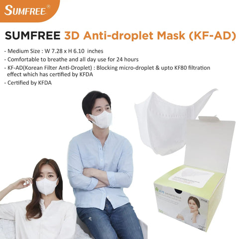 KF-AD 3 Layer Disposable Face Mask Pack Of 50, White, Made In Korea, Comfortable Breathing, Everyday Protection, Medium Size