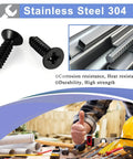 Hella Durable Number 10 X 1 Inch Flat Head Sheet Metal And Wood Screws, Black Stainless Steel 18 8 Corrosion Resistant Self Tapping Fasteners, Rock Solid 100 Pack Hardware For Serious DIY Projects shown with tools.