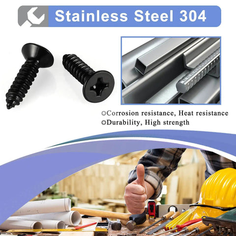 Hella Durable Number 10 X 1 Inch Flat Head Sheet Metal And Wood Screws, Black Stainless Steel 18 8 Corrosion Resistant Self Tapping Fasteners, Rock Solid 100 Pack Hardware For Serious DIY Projects shown with tools.