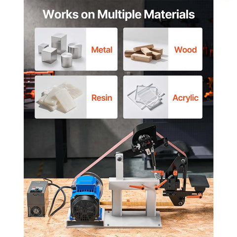 Badass 1500W Two Horsepower Belt Sander Grinder With Slick Variable Speed Dial And Versatile Three In One Setup For Metalworking And Knife Making Includes Tough Sanding Belts Plus Sturdy Tool Rest For Knockout Shop Builds showing metal, wood, resin, and acrylic materials.