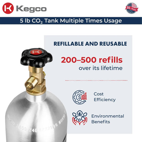 Lightweight 5 Lb Aluminum CO2 Tank For Draft Beer Dispensing Empty Silver Gas Cylinder For Home Bar Or Tap System Brand New Not Refurbished Easy To Handle And Transport shown with refillable usage and benefits