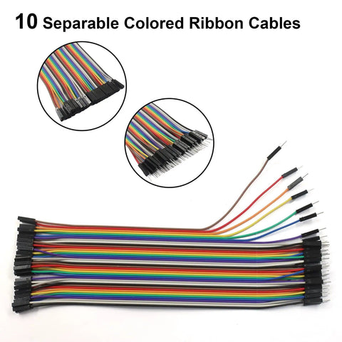 240 Piece Multicolored Dupont Wire Kit Nerd Friendly With 40 Pin Jumper Cables, separable colored ribbon cables displayed.