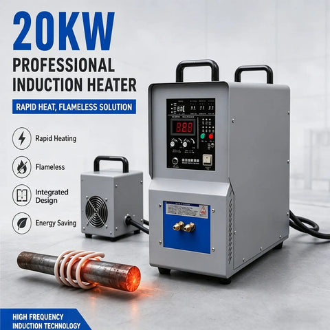 Water Cooled High Frequency Induction Heater For Metal Smelting, Knife Making Brazing And Annealing System, 20Kw industrial unit with heated metal bar.
