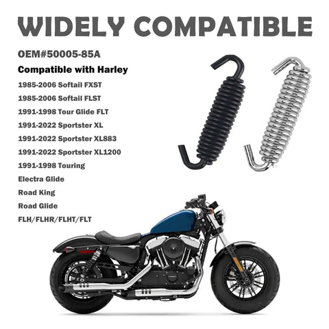 Heavy Duty Aluminum Motorcycle Kickstand Springs Pair OEM 50005-85A Fits Harley Softail FXST shown with compatible models.