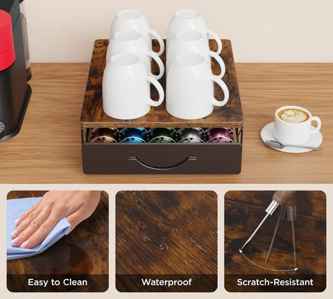 Vertuo Pod Holder And Organizer For Nespresso VertuoLine Rustic Brown Wood Top with mugs, sliding drawer for pods, easy to clean