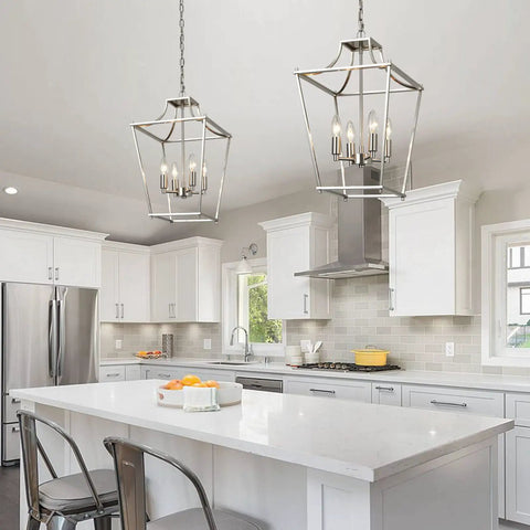 4 Light Lantern Pendant In Brushed Nickel E12 Base Chandelier For Dining Room Kitchen And Foyer, 12 Inch Adjustable Farmhouse Hanging Light Fixture