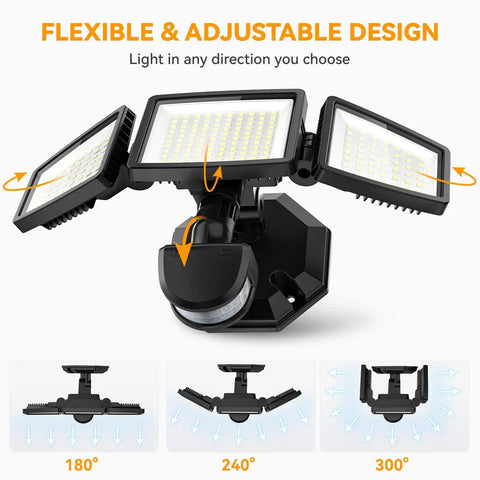 Motion Sensor Outdoor LED Flood Light With 7000 Lumen Output And 6500K Daylight Waterproof Hardwired Wall Light With Adjustable Three Heads shown with flexible design
