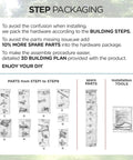 Packaging details for backyard playground swing set with monkey bar and belt swings for kids including assembly steps and spare parts.