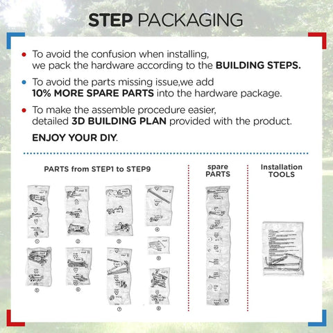 Packaging details for backyard playground swing set with monkey bar and belt swings for kids including assembly steps and spare parts.