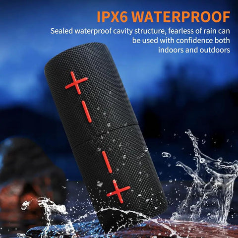2 In 1 Magnetic Dual Splittable Bluetooth Speaker with IPX6 waterproof build, showing black cylindrical design with red controls.