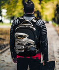 Person wearing Space Satellite Print Unisex Backpack With Large Capacity Durable Polyester Build Breathable Easy To Clean Smooth Zipper Dope Style And Lightweight Everyday Carry For School Or Travel