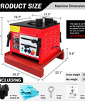 Lochen Electric Hydraulic Rebar Bender 1700W shown in red with machine dimensions for bending Grade 60 steel rods.