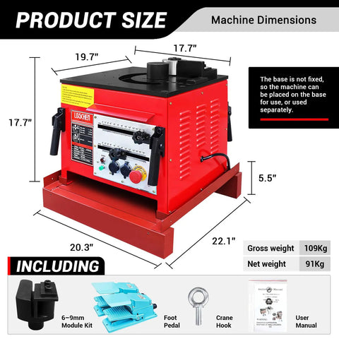 Lochen Electric Hydraulic Rebar Bender 1700W shown in red with machine dimensions for bending Grade 60 steel rods.