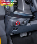 Red billet aluminum knob trim around the climate control knob on 2021–2025 Ford Bronco interior.